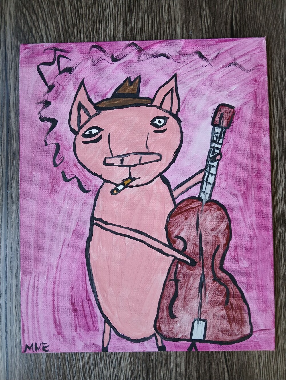 Pig Playing Music Painting Folk Art